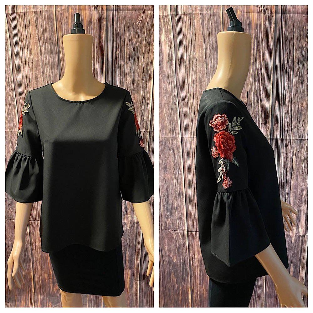 Shein size XS black with red pink floral embroidered roses on bell sleeve